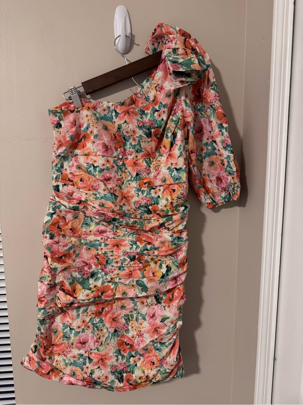 Zara Floral One Shoulder Ruched Mini Dress Size M Inditex Cotton Blend